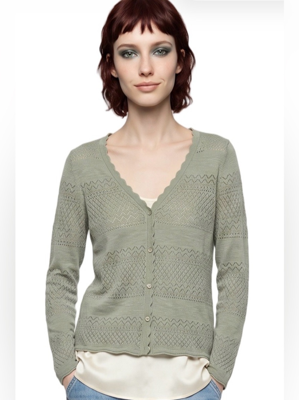 FRYE  Sage Green Dainty Knit Button Front Longsleeve V neck Cardigan Sweater